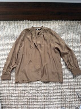 Vince Taupe Long-Sleeve Silk Tie-Neck Blouse